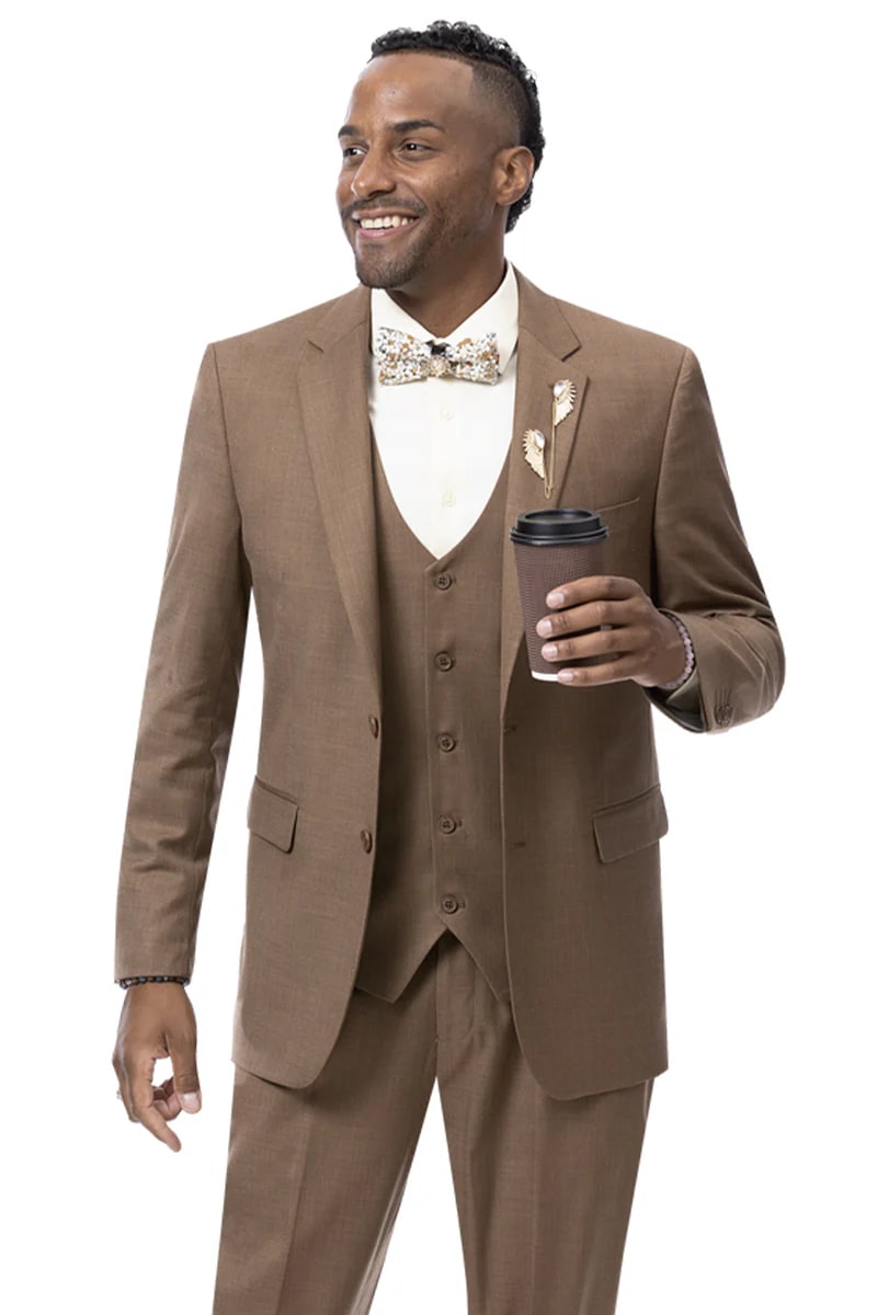 Mens Rust Brown Sharkskin Suit Modern Fit 2-Button with Vest
