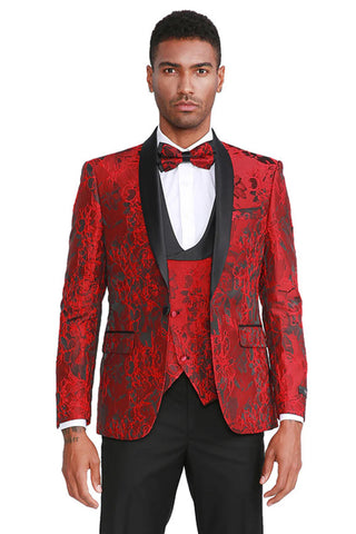 Men's Slim Fit One Button Vested Paisely Shawl Lapel Prom Tuxedo In  Red