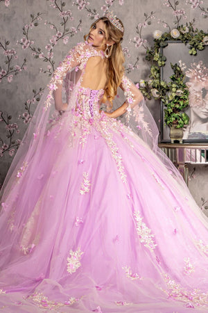 Floral Applique Cape Sleeve Ball Gown by GLS Gloria GL3467 - Quinceanera Dresses