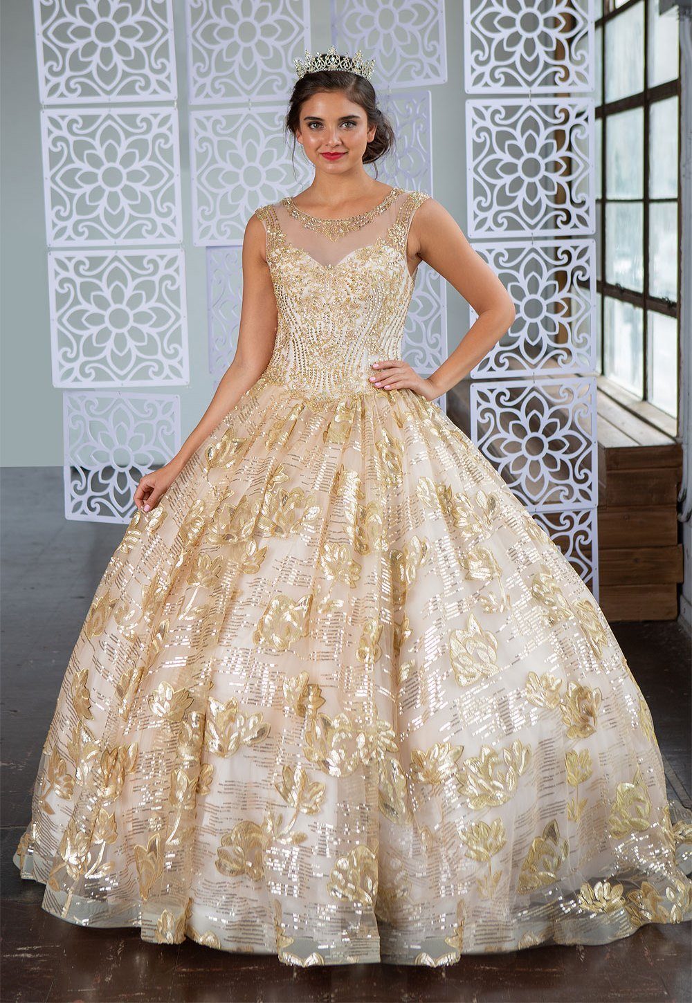 Champagne and Gold Quinceanera Dress Floral Sequin Illusion Ball Gown by Calla Ky, All Sizes, Champagne and Gold