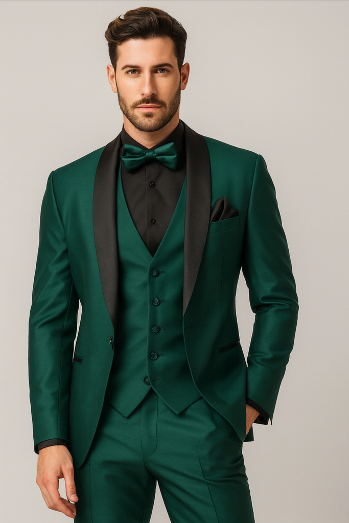 Men’s Emerald Green Tuxedo Suit – Emerald Green Formal Tuxedo with Shawl Lapel Jacket Trousers for Prom, Wedding in Augusta Green