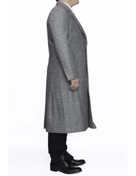 Removable Fur Collar Full Length Wool Dress Ankle length Overcoat In Grey Herringbone