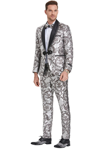 Mens Gray Tuxedo - Grey Wedding Suit-Mens Silver & Black Wedding & Prom  Smoking Jacket Tuxedo