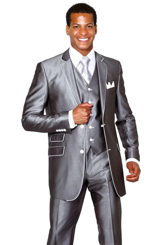 Mens Gray Tuxedo - Grey Wedding Suit-Men'S Vested Slim Fit Shiny  Sharkskin Tuxedo Suit In Grey With White Piping