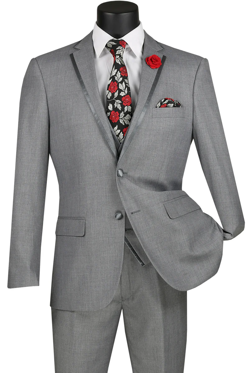 Mens Gray Tuxedo - Grey Wedding Suit-Mens Vested Wedding Trim Tuxedo In Grey - Men's Tuxedo USA