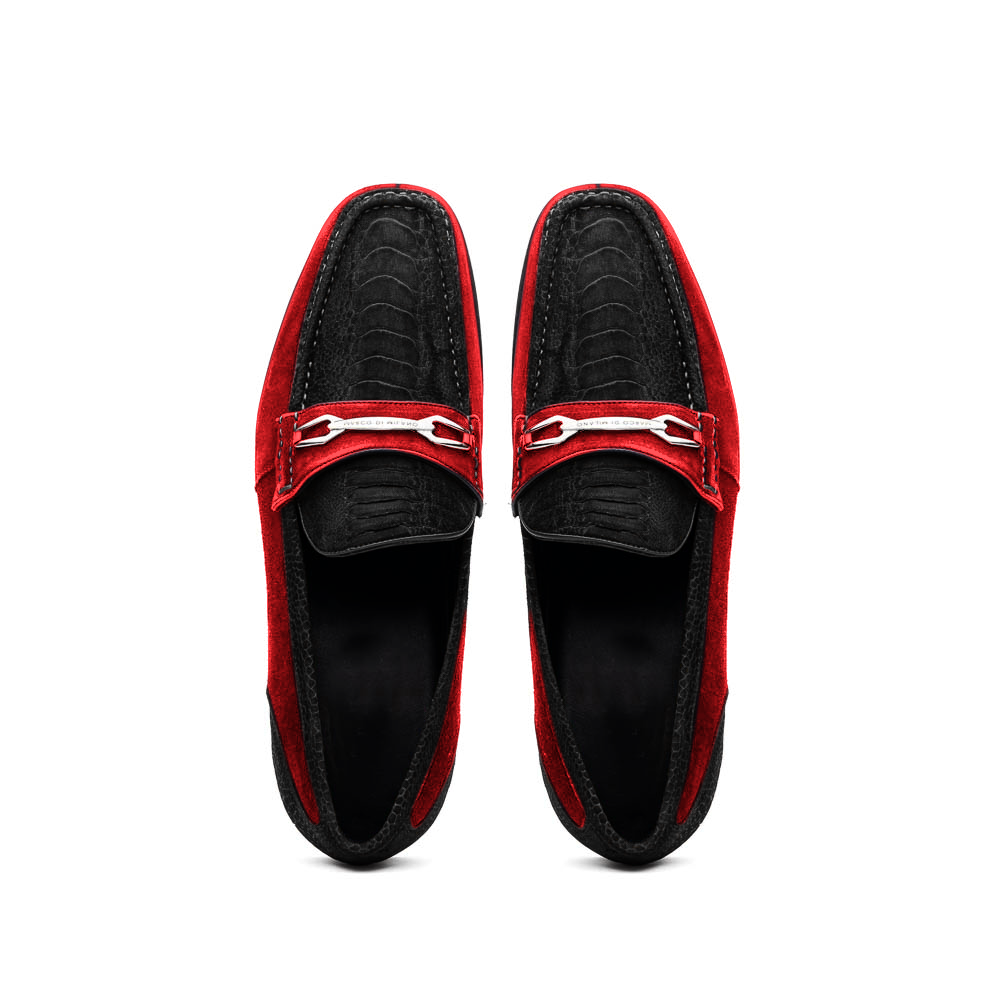 Marco Di Milano Black-Red Hugo Sueded Ostrich Leg Bit Loafers