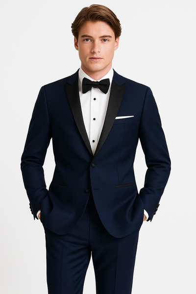 Mens Designer One Button Peak Blake Tuxedo in Navy Blue