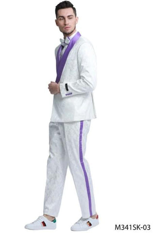 Men's Slim Fit Double Breasted Paisley Smoking Jacket Prom & Wedding Tuxedo in White & Purple