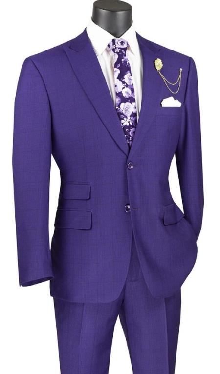 Plaid Suits - Windowpane Purple Suit - Peak Lapel Style