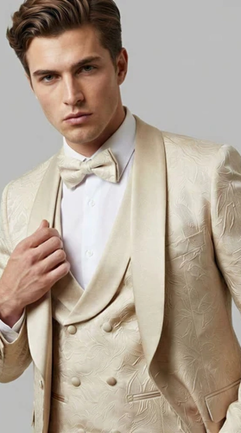 Men's Tan Floral Shawl Lapel Tuxedo Set for Wedding & Prom