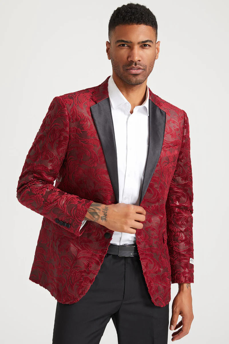 Men's Stacy Adam's Paisely Velvet Prom & Wedding Tuxedo Jacket In Red - Men's Tuxedo USA
