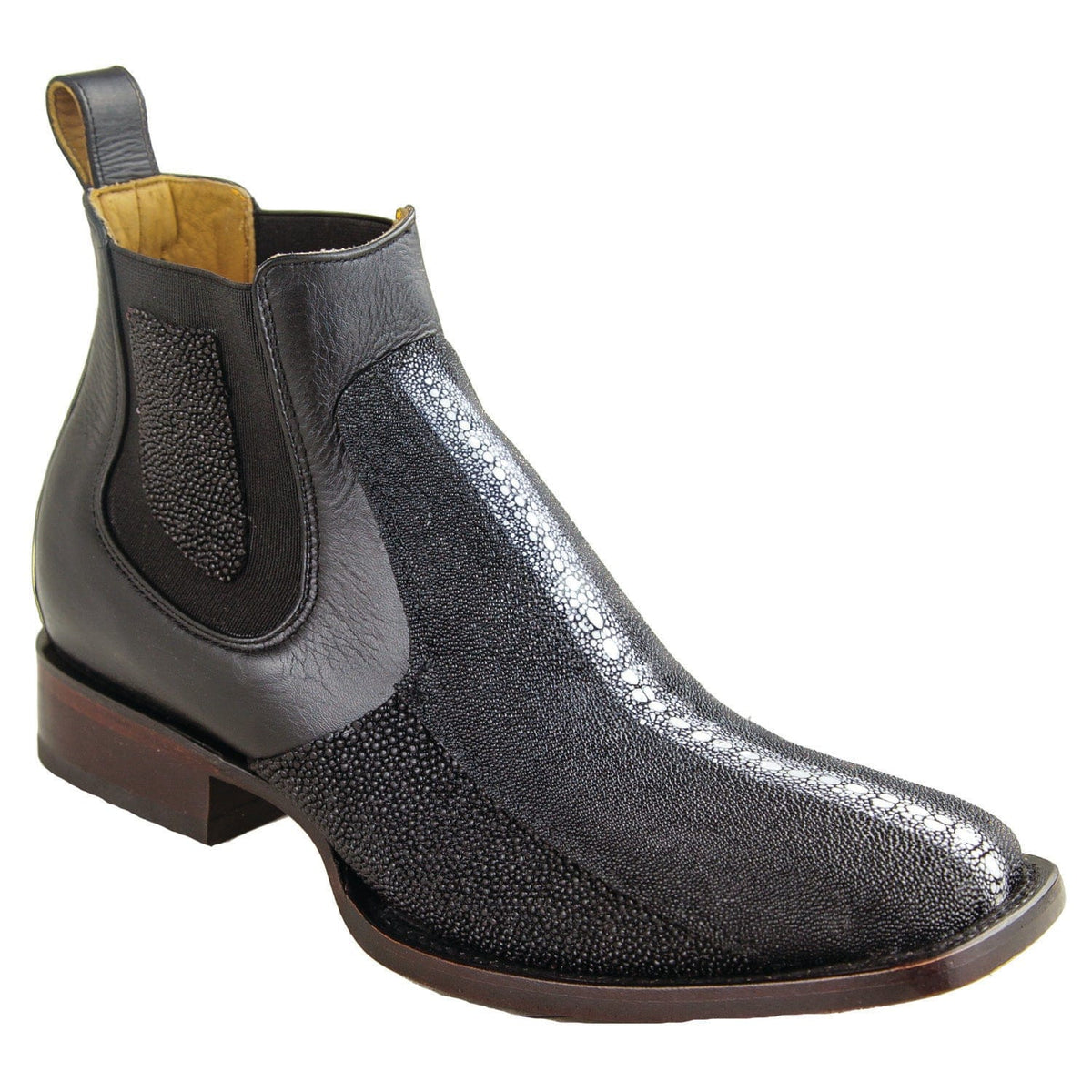 Men's Genuine Stingray Skin Row Stone Wide Square Toe Ankle Boots Black Color - Los Altos Boots