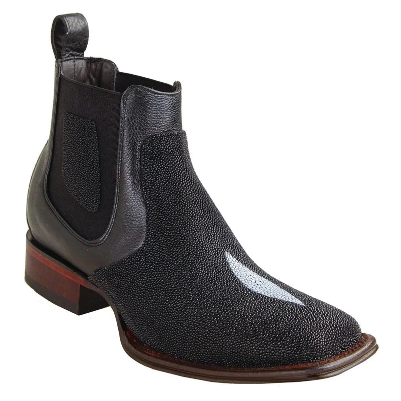 Men's Genuine Stingray Skin Single Stone Wide Square Toe Ankle Boots Black Color - Los Altos Boots