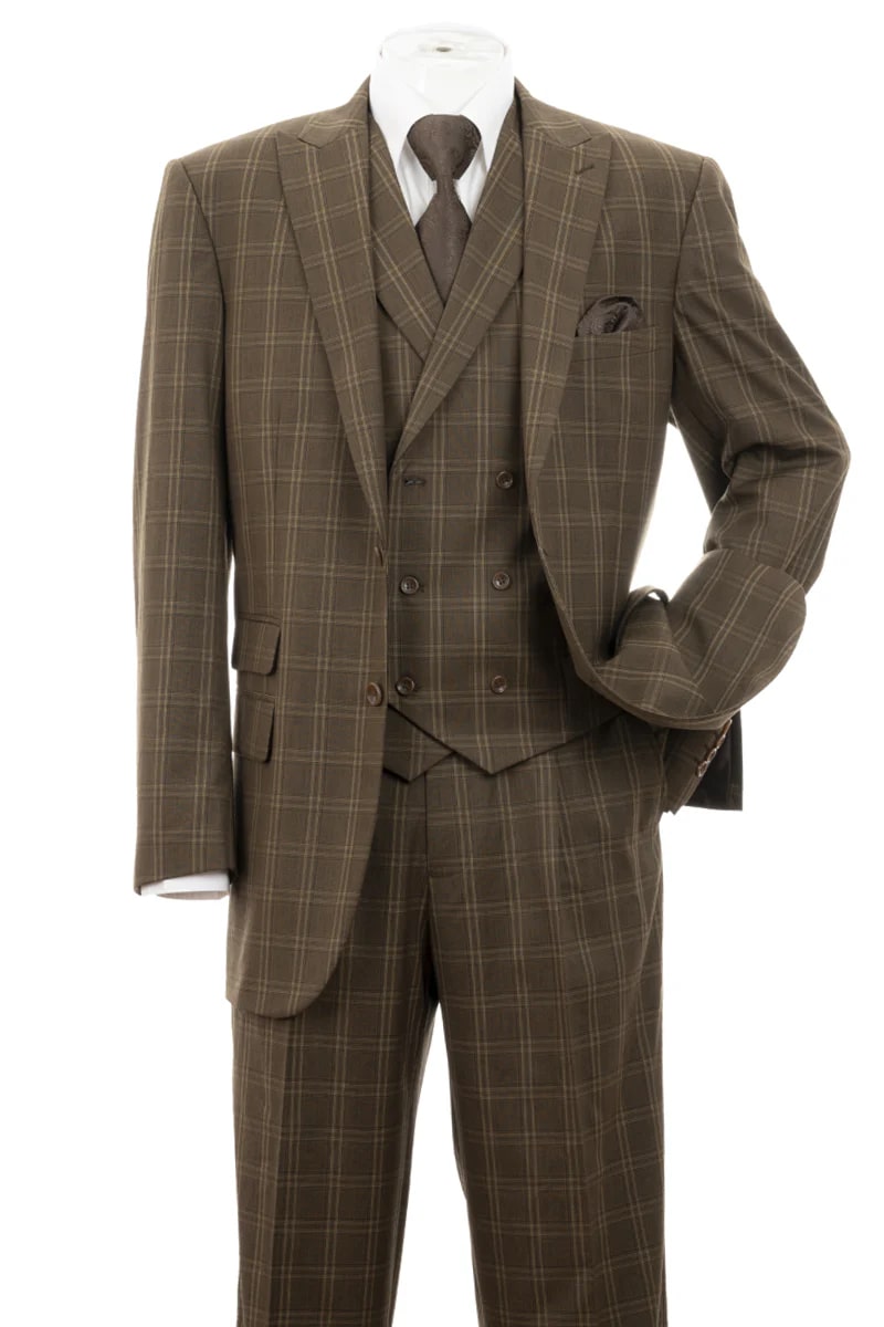 Mens Brown Windowpane Plaid Suit 2-Button Jacket with Double-Breasted Vest