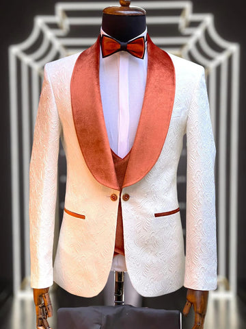 Marco Lorenzo Premium Paisley Burnt Orange Velvet 4pc Suit W/ Matching Bowtie