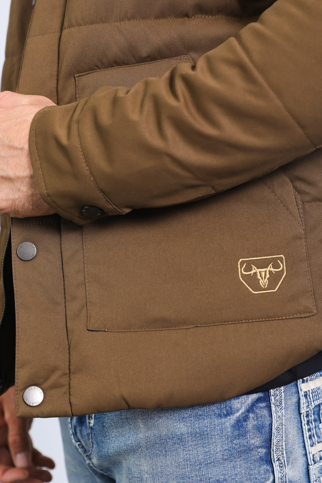 Men’s Quilted Twill Jacket with Aztec Print and Fur Lining – Brown