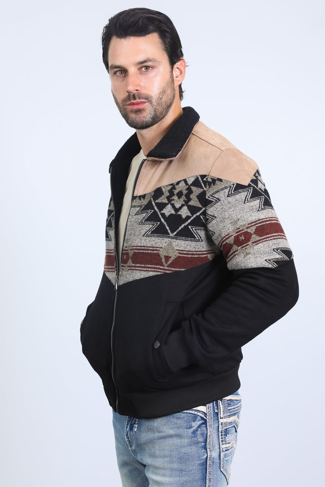 Men’s Tribal Aztec Quilted Jacket – Black & Beige Twill with Suede Touch