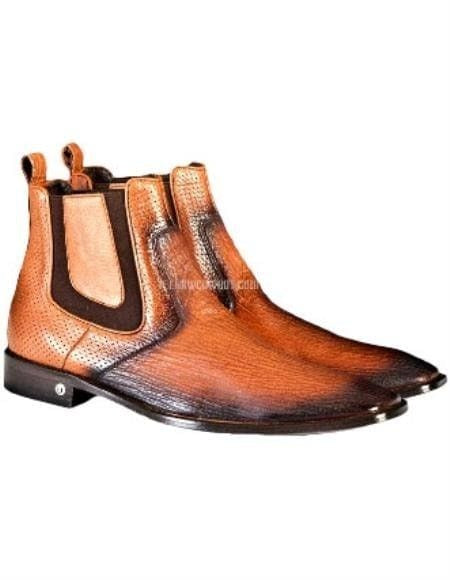 Men's Full Leather Faded Cognac Sharkskin Chelsea Boots