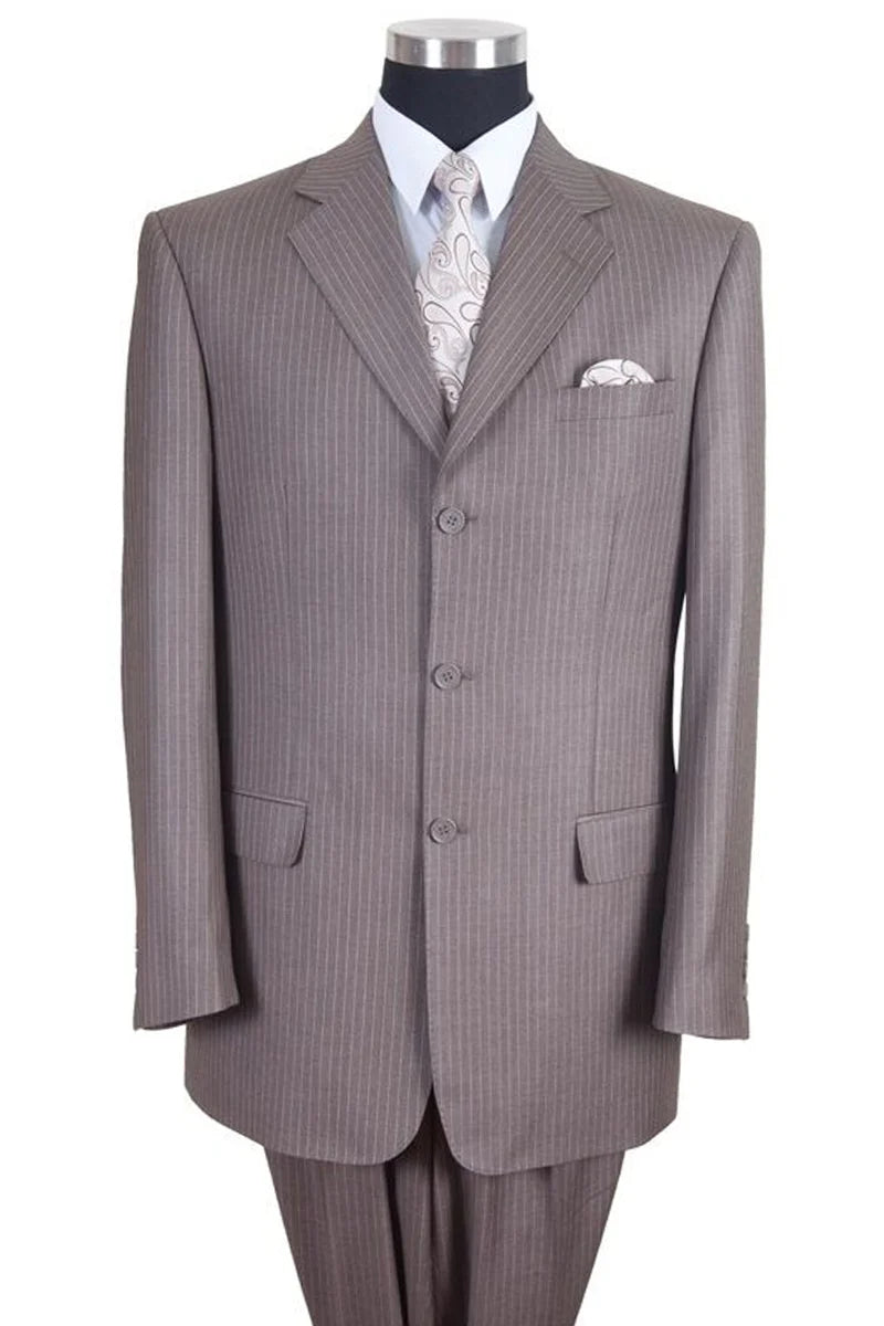 Men’s Great Gatsby Suit – 1920s Classic Fit Tan Banker Pinstripe 3 Button Suit
