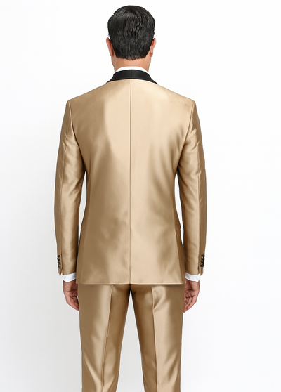 Mens 1 Button Shawl Lapel Vested Wedding | Prom Tuxedo in Gold Sharkskin - Mens Slim Fitted Tuxedo