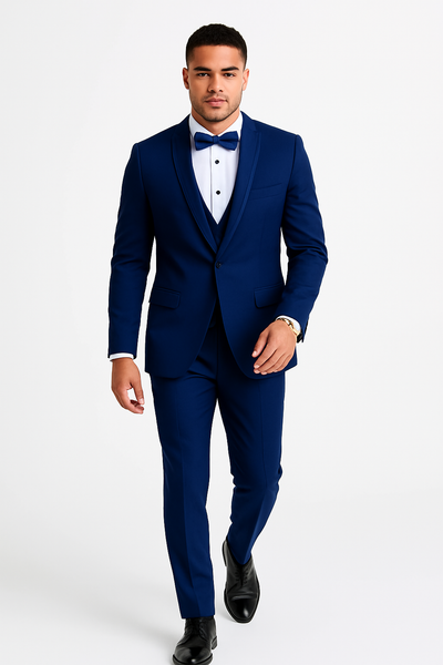Mens 1 Button Shawl Lapel Vested Wool Wedding - Prom Tuxedo in Bright Sapphire Blue - Mens Slim Fitted Tuxedo