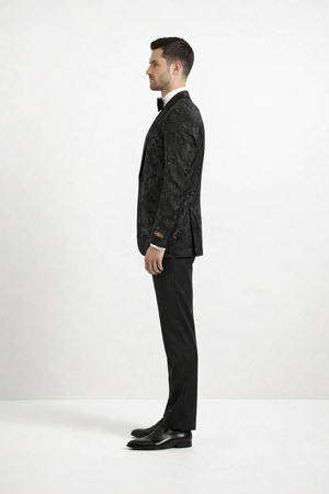 Mens 2 Button Black Shiny Floral Paisley Prom and Wedding Blazer