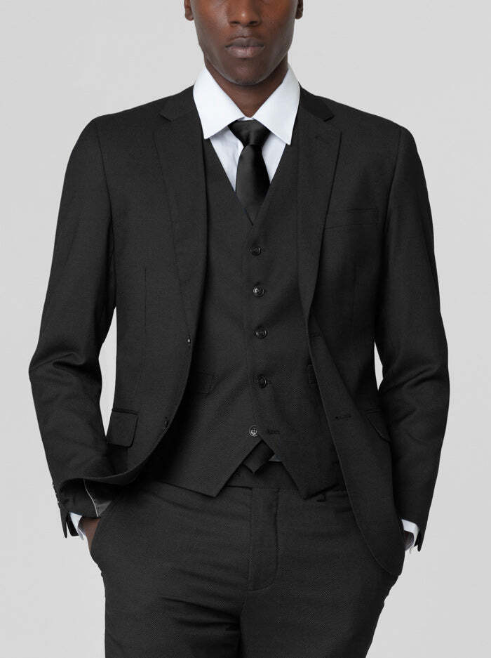 Mens Black Birdseye Three Piece Suit – Modern 2-Button Suit