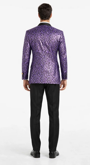 Mens Black & Purple Paisley Prom Tuxedo Smoking Jacket