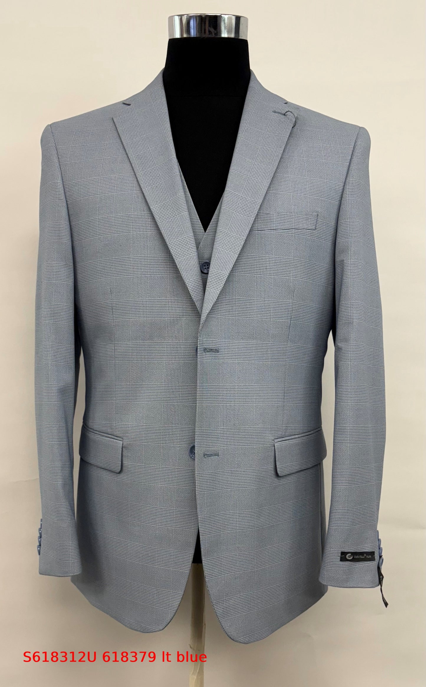 Men’s Grey Plaid 3-Piece Tailored Fit Suit with Vest