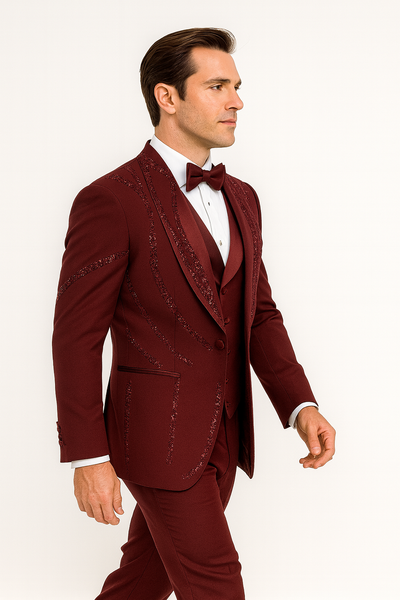 Mens Burgundy Italian Wool 3-Piece Modern Formal Tuxedo
