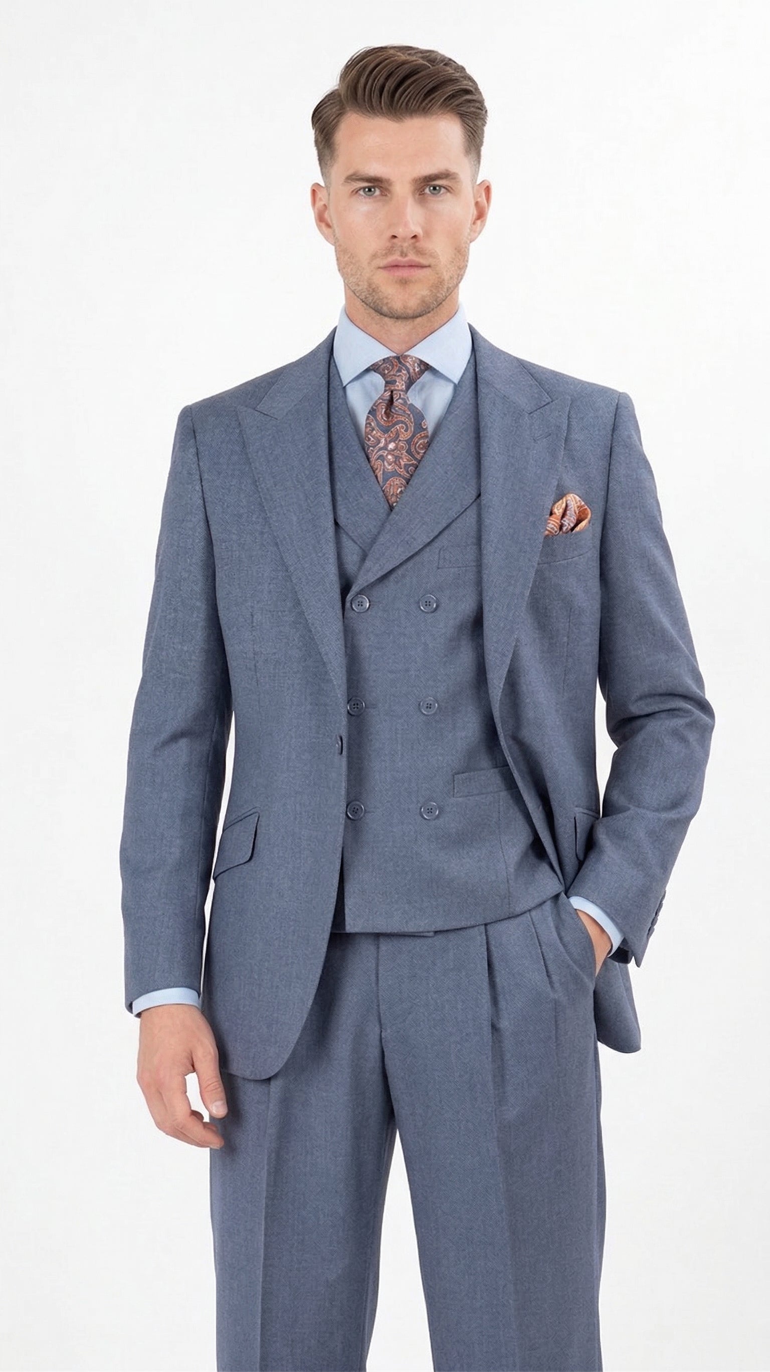 slim fit dress slacks 38 Light Blue Modern Fit 3-Piece Suit with Lapel Vest & Adjustable Pants main image 0