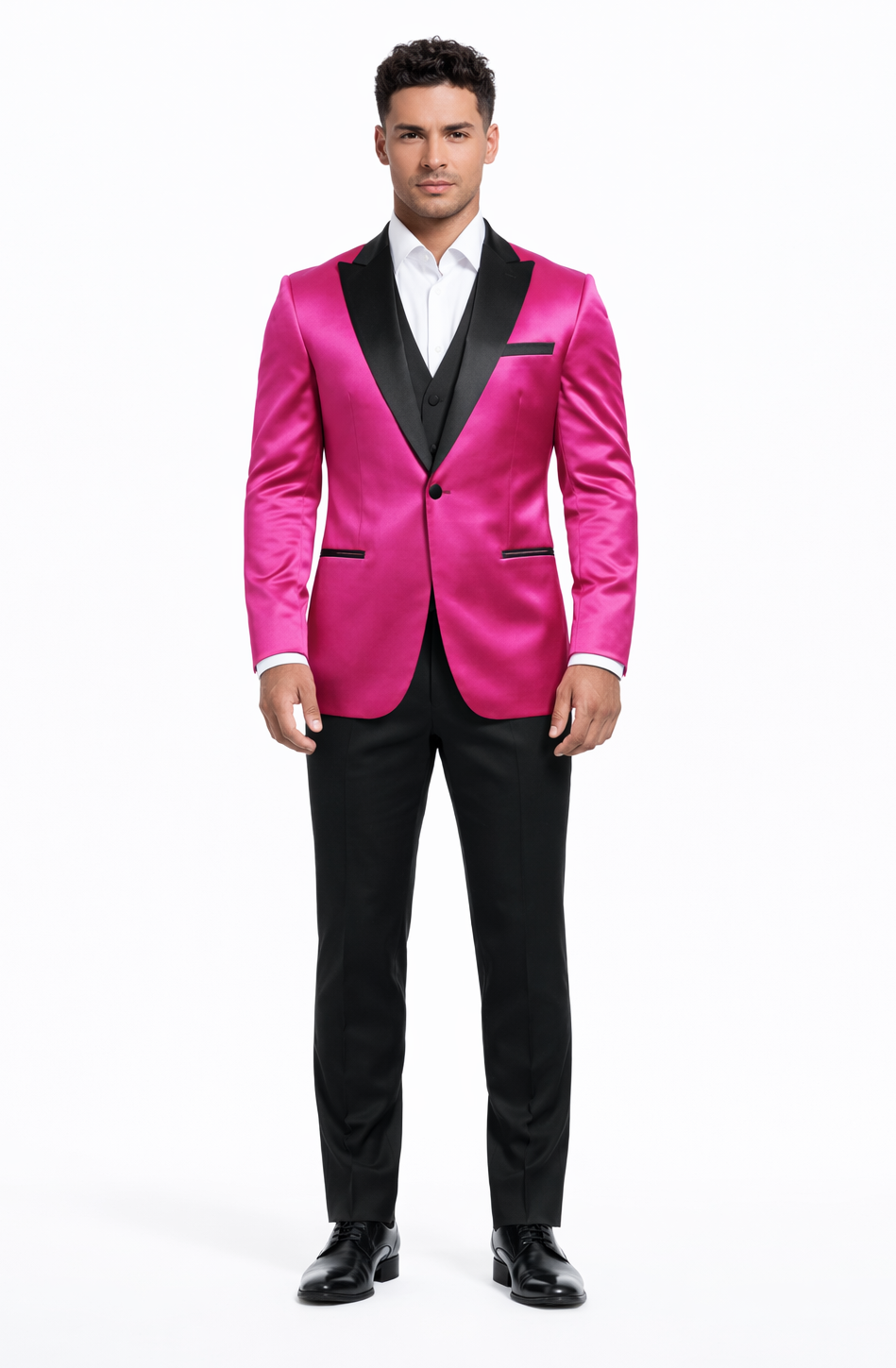 Men's Fuchsia Pink Satin Tuxedo Jacket With Black Peak Lapel - Bold Slim Fit Formal Suit for Men