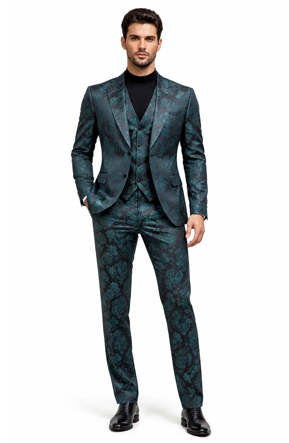 34 Mens Green and Black Brocade Tuxedo Suit  3 Piece Floral Jacquard Outfit  for Weddings and Formal Events - Slim Fitted