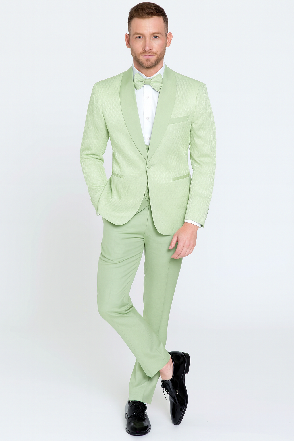 Men's Mint Green Slim Fit Shawl Lapel Tuxedo Suit with Matching Bow Tie, All Sizes Men's Mint Green Slim Fit Shawl Lapel Tuxedo Suit with Matching Bow Tie, All Sizes