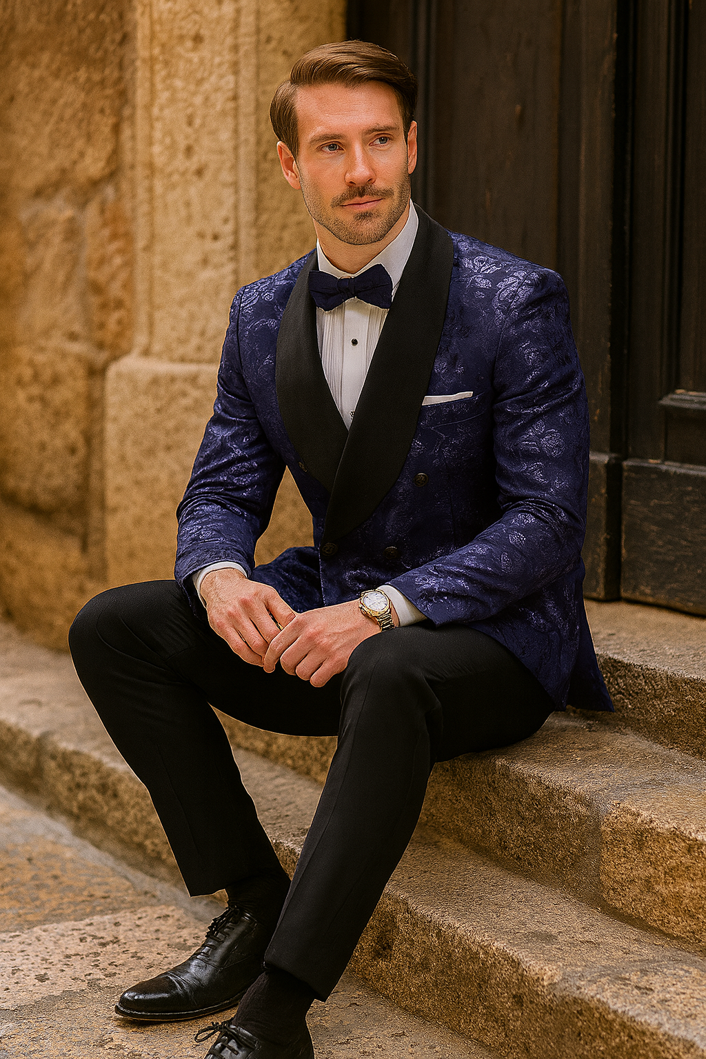 Mens Navy Floral Jacquard Tuxedo Jacket Double Breasted Blazer with Black Shawl Lapel