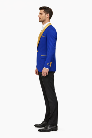 Mens One Button Contrast Shawl Collar Dinner Jacket Royal Blue & Gold