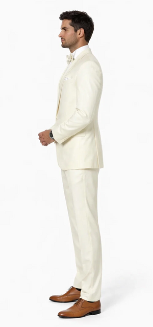 Mens One Button Satin Trim Shawl Tuxedo in Ivory Wool