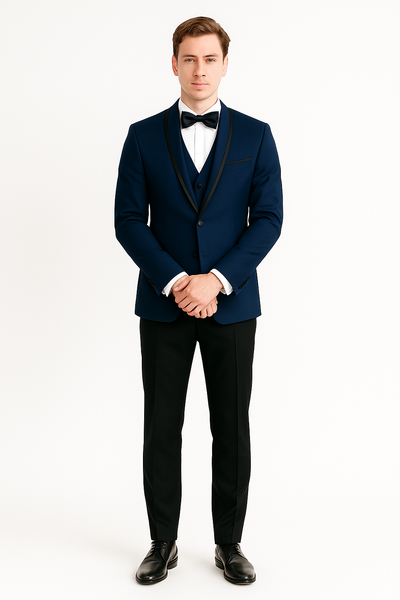 Mens Vested Wool Tuxedo in Shawl Lapel with Satin Trim in Steel Blue & Black
