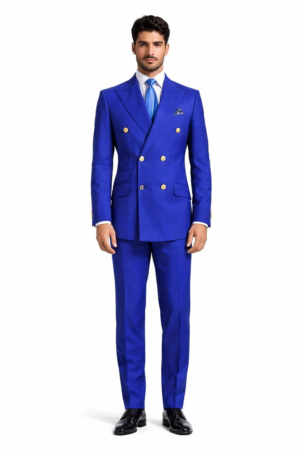 Mens Royal Blue Double-Breasted Suit with Gold Buttons – Slim Fit Form