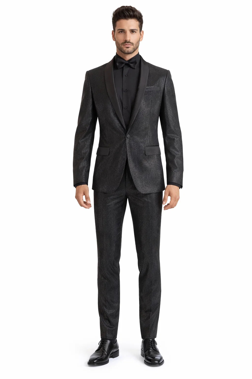 Men's Shiny Black Glitter Tuxedo with Satin Shawl Lapel