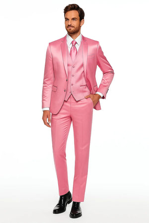 Mens Blush Shiny Blazer - Rose Gold Sateen Vested Suit in Pink Color Jacket Pants Vest