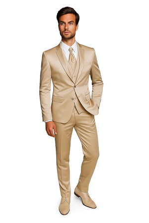 Mens Shiny Blazer - Tan Sateen Vested Suit