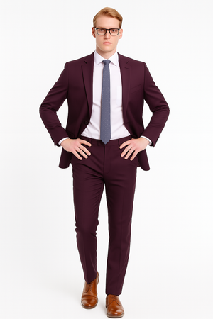 Mens Skinny Slim Suit Plum