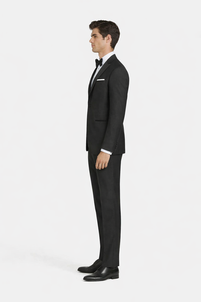 Mens Designer Slim Fit One Button Peak Tuxedo in Black - Mens Slim Fitted Tuxedo