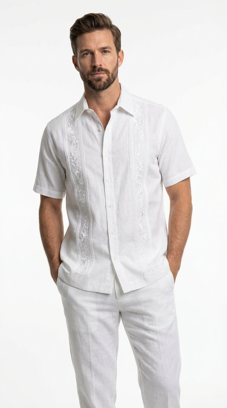 S Mens White Embroidered Walking Suit Set – Short Sleeve Shirt and Pants Casual Summer Outfit for Vacation, Beach and Everyday Wear