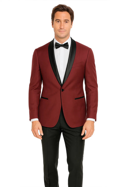 Mens Slim Fit 1 Button Shawl Dinner Jacket in Burgundy