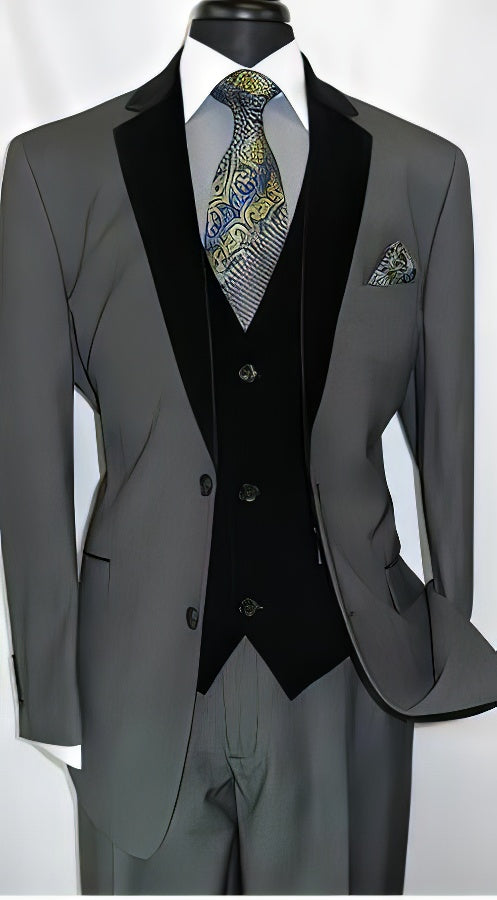 Black Suit Gray Vest Mens Velvet Suit Two Button Grey Velour Vested Side Vents Tuxedo Black 2 toned Suit