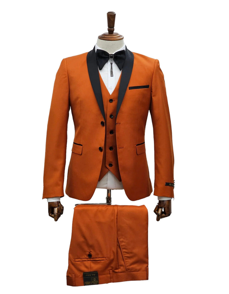 Mens 3-Piece Burnt Orange Tuxedo Slim Fit Design with Black Satin Lapel - Brick Rustish Color