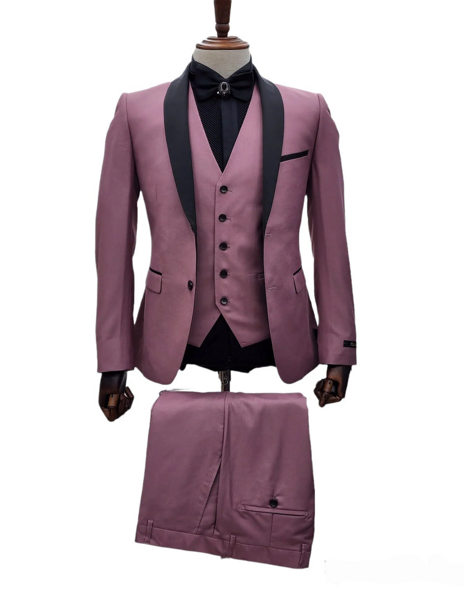 Men's Mauve Pink Tuxedo Suit 3-Piece Slim Fit with Black Satin Shawl Lapel