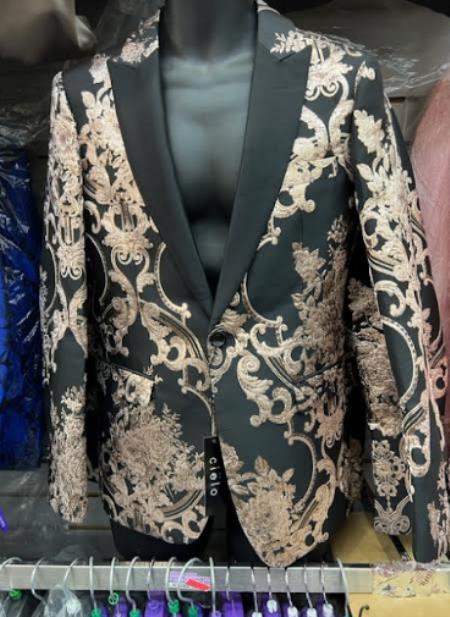 Mens Black and Rose Gold Floral Embroidered Blazer Suit Black Pants Luxury Tuxedo Jacket for Weddings, Proms and Parties